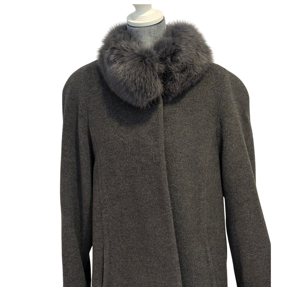 Albert Nipon Womens 10 Wool Fox Fur Trim Coat Charcoal Grey Longline 891697L